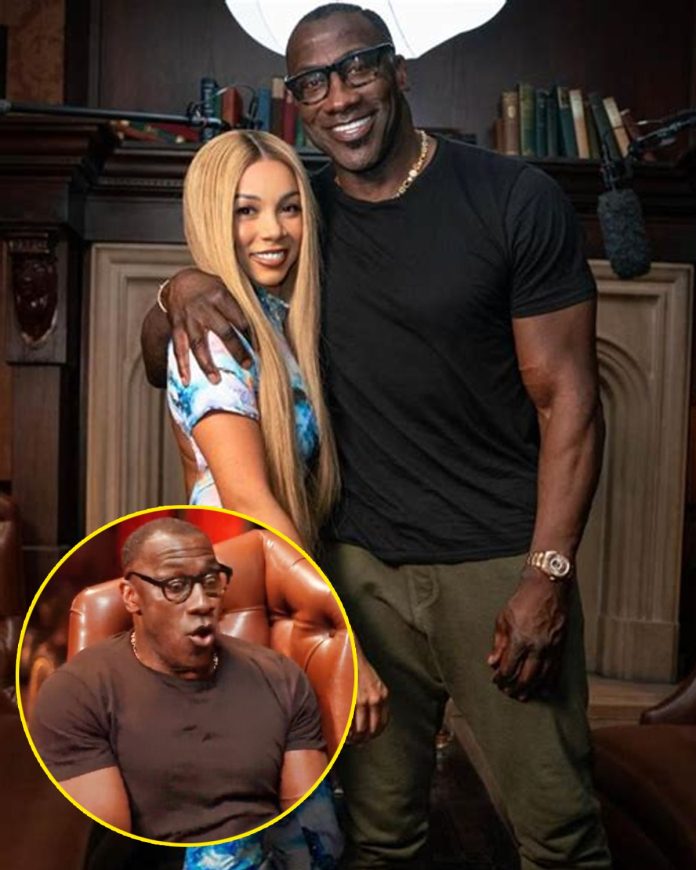 Split photo of Shannon Sharpe in shock and Brittany Renner talking on a couch.